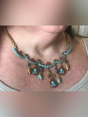 1960’s Arthur Pepper Turquoise Gold Egyptian Revival Charm Necklace